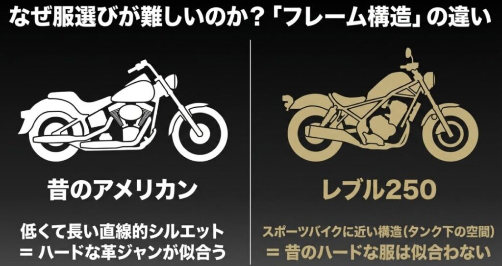 なぜ服選びが難しいのかを示す、昔のアメリカンバイクとレブル250のフレーム構造の違いの図解。