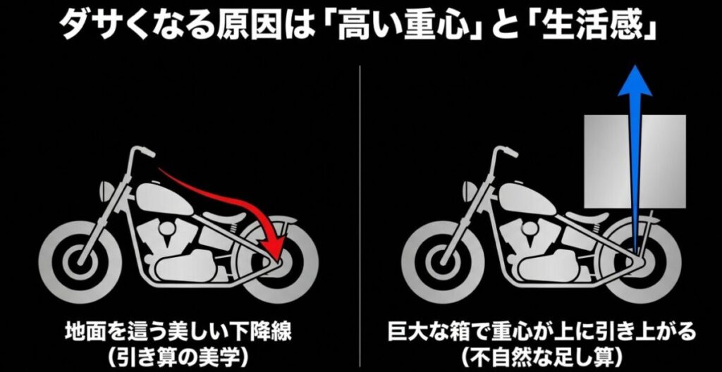 レブル250がダサくなる原因を図解。美しい下降線に対し、巨大な箱で重心が上に引き上がる様子。