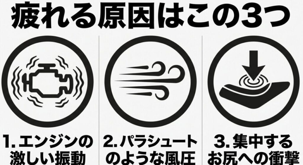 レブル250で疲れる3つの原因（エンジンの激しい振動、パラシュートのような風圧、集中するお尻への衝撃）
