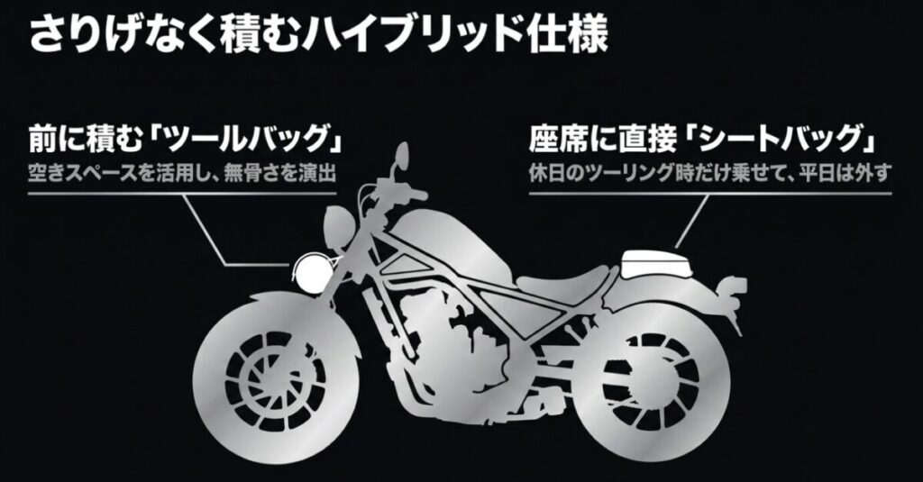 レブル250：さりげなく積むハイブリッド仕様。前に積むツールバッグと、座席に直接固定するシートバッグの図解。