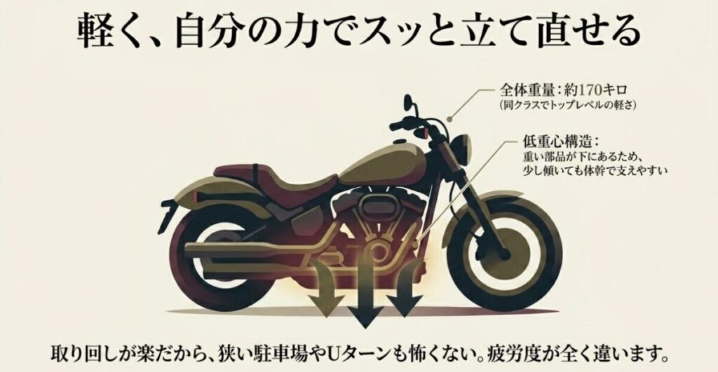 レブル250女性ライダー：レブル250の全体重量約170キロと重い部品が下にある低重心構造の図解。軽く、少し傾いても体幹で支えやすいことを説明している。