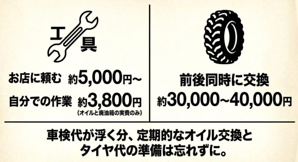 レブル250：オイル交換をお店に頼むと約5,000円〜、自分で作業すると約3,800円。タイヤを前後同時に交換すると約30,000〜40,000円。車検代が浮く分、これらの準備は忘れずに。