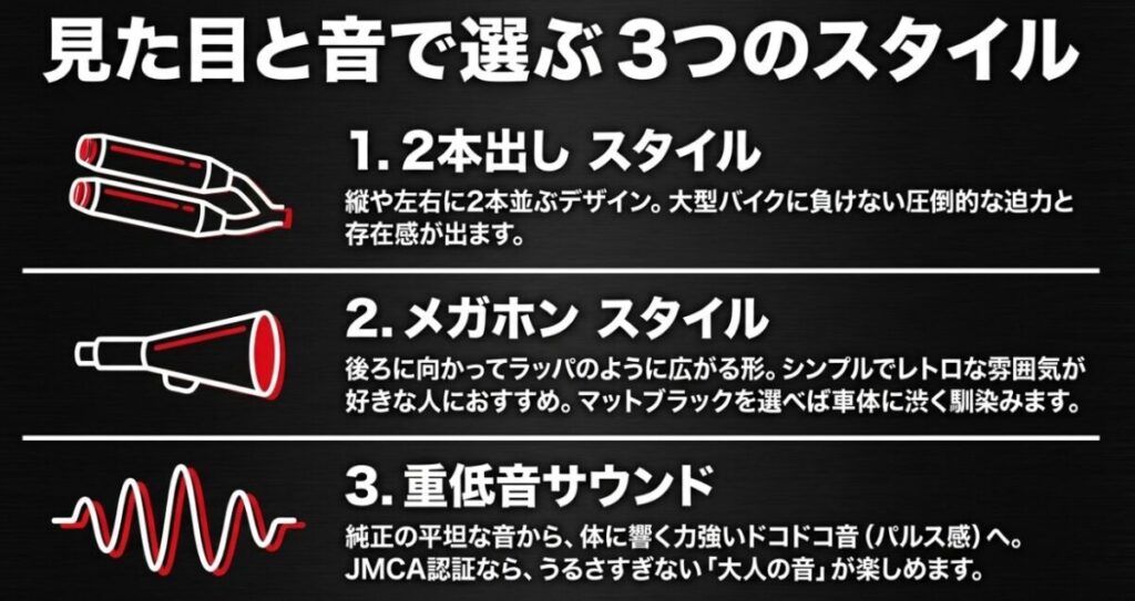レブル250のマフラーデザイン（2本出し、メガホン）と重低音サウンドのスタイルの違い。