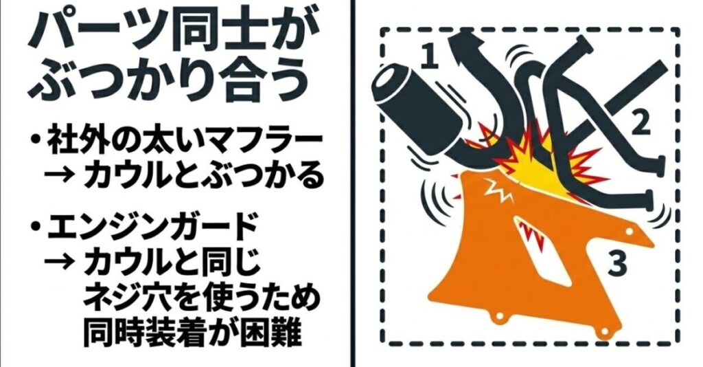 レブル250：アンダーカウルと他のカスタムパーツがぶつかり合うイメージ図。社外の太いマフラーとの接触や、エンジンガードとカウルが同じネジ穴を奪い合うため同時装着が困難であることを解説。
