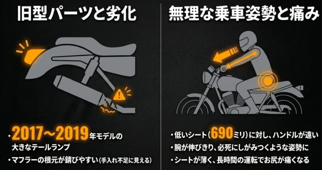 レブル250：旧型モデルのテールランプやマフラーの錆といった劣化ポイントと、ハンドルが遠くシートが薄いことによる無理な乗車姿勢やお尻の痛みを解説したスライド