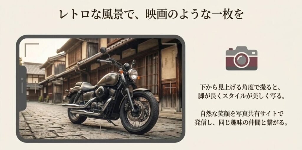 レブル250女性ライダー：レトロな街並みに停まるレブル250の写真。脚が長くスタイルが美しく写るローアングルでの撮影や、自然な笑顔をSNSで発信し同じ趣味の仲間と繋がるコツを説明している。