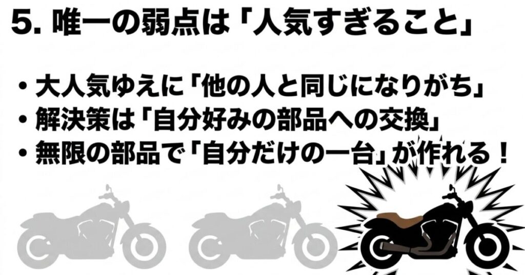 レブル250：大人気ゆえに他の人と被りやすい弱点と、豊富なカスタム部品で自分だけの一台が作れる解決策をまとめたスライド