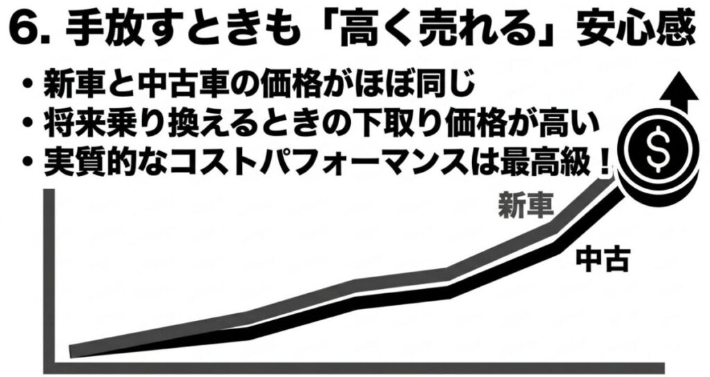 レブル250：新車と中古車の価格差が少なく、将来乗り換えるときの下取り価格が高いリセールバリューの強みを解説するスライド