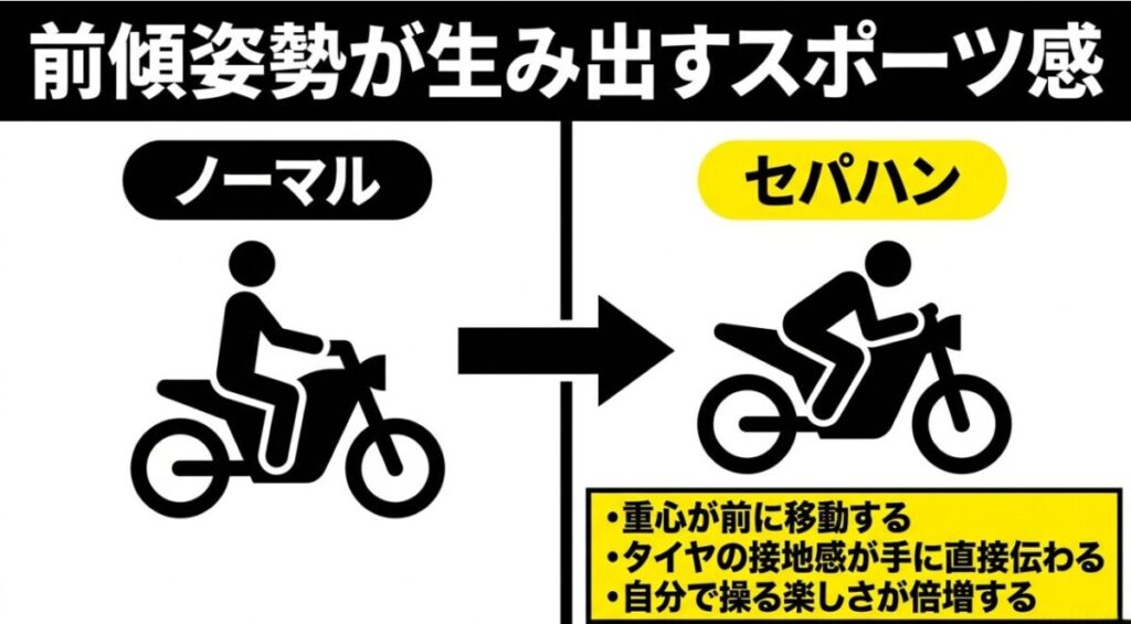 レブル250のノーマルとセパハン化後の乗車姿勢の比較。前傾姿勢によりタイヤの接地感が伝わりスポーツ感が増すことを示す図解
