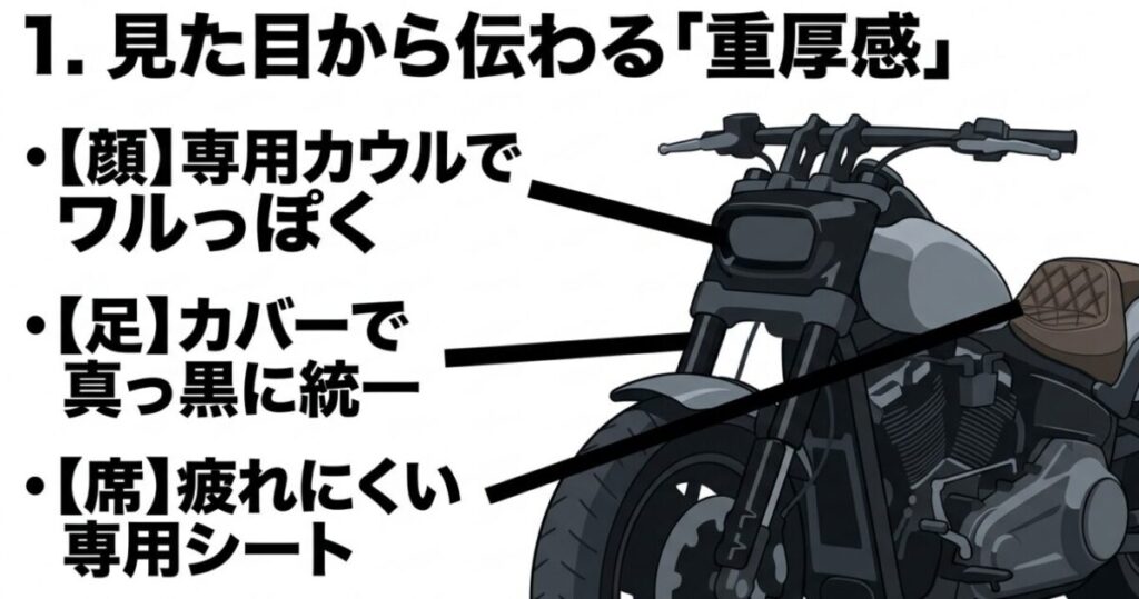 レブル250：Sエディションの専用カウル、フォークカバーによるブラックアウト化、疲れにくい専用シートの特徴をまとめたスライド