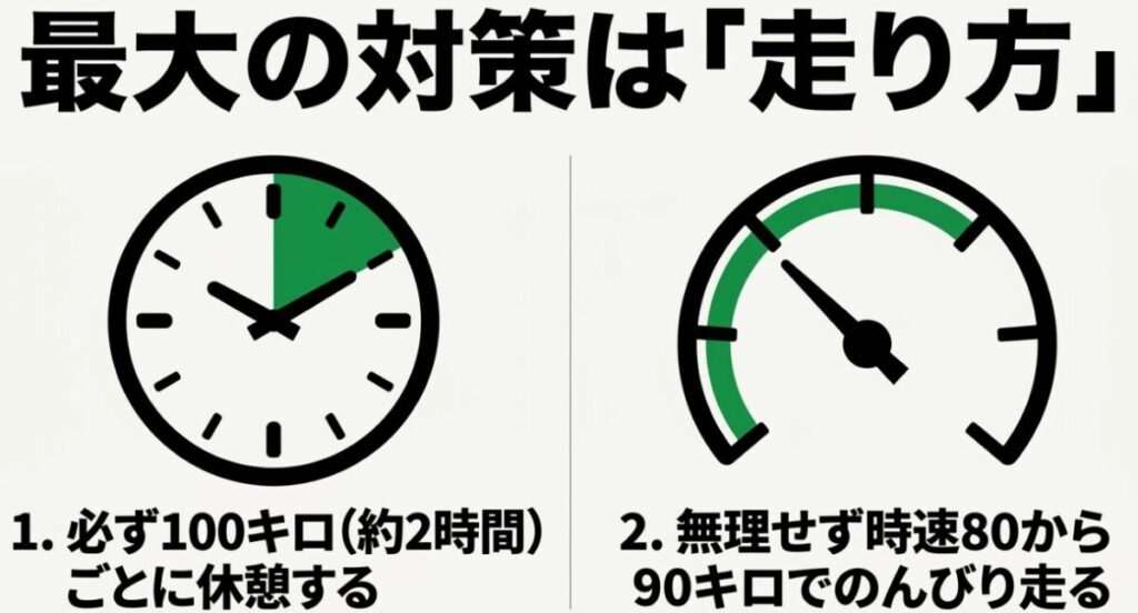 レブル250：100キロ（約2時間）ごとの休憩と、時速80から90キロでの無理のない走行を推奨する解説
