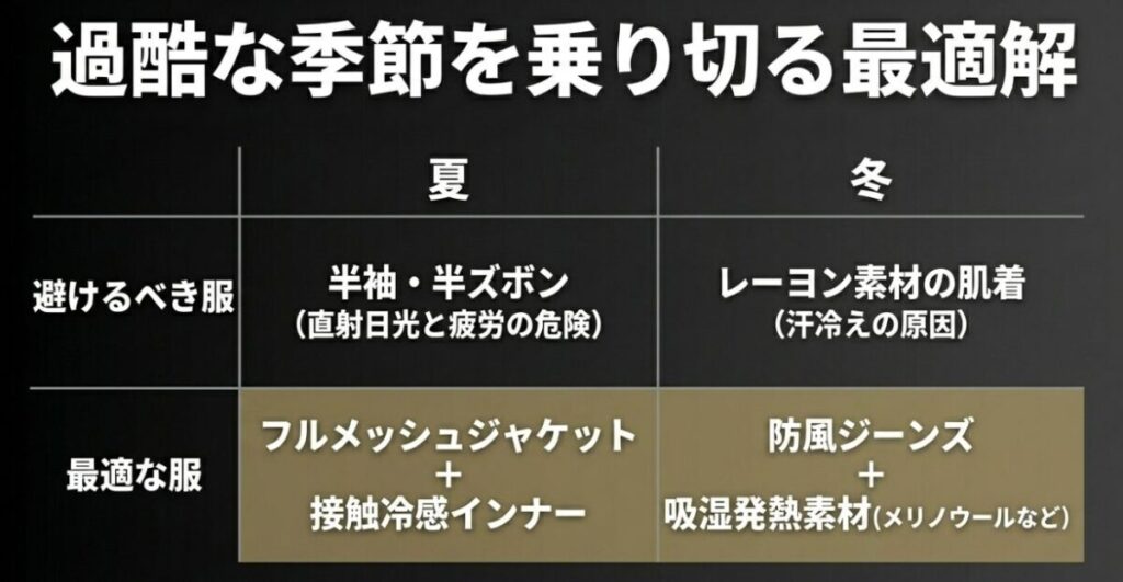 レブル250：過酷な季節を乗り切る服装の最適解。夏のメッシュジャケットと冬の防風・発熱素材の組み合わせ。