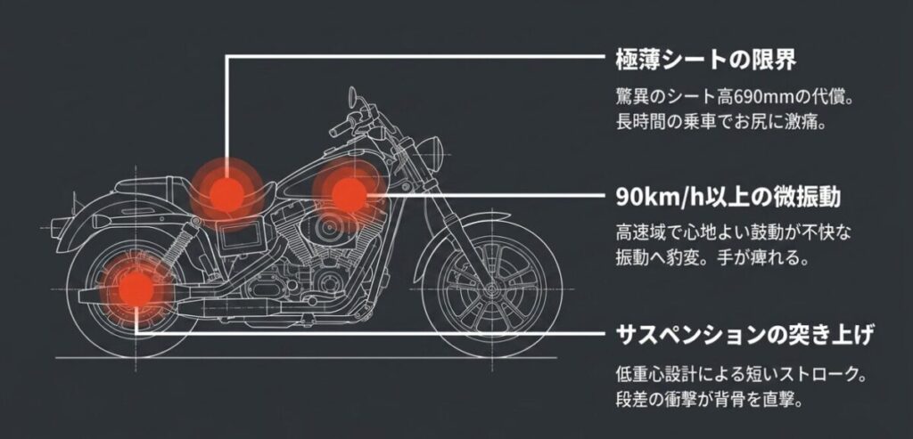 レブル250の車体図解。「極薄シートの限界」「90km/h以上の微振動」「サスペンションの突き上げ」の3つの弱点を示した画像