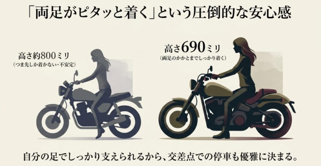 レブル250女性ライダー：一般的なバイク（高さ約800ミリ）とレブル250（高さ690ミリ）の足つきの比較図。レブル250は両足のかかとまでしっかり着くことを示している。