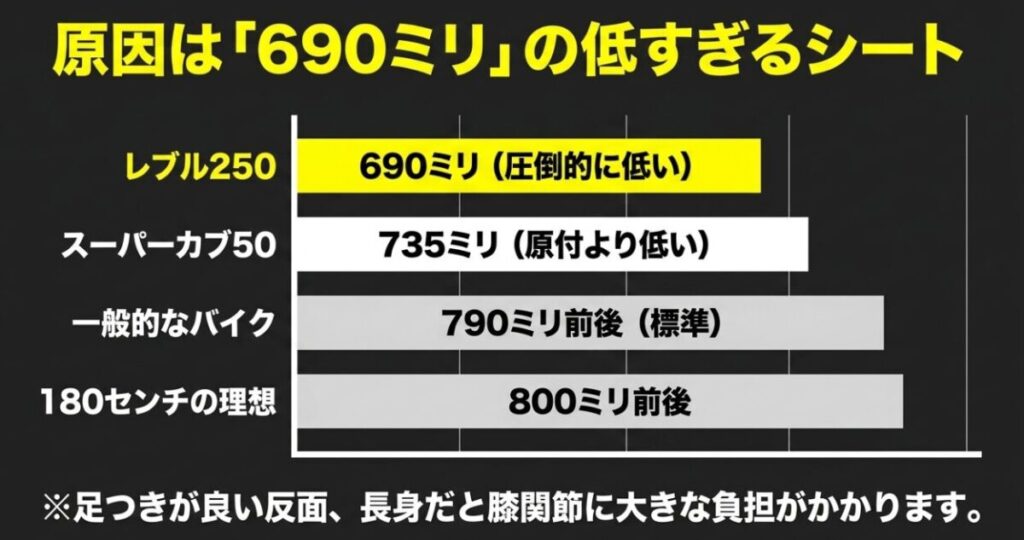 原因は690ミリの低すぎるシート。レブル250はスーパーカブ50よりも低く、180センチの理想である800ミリとは大きな差がある