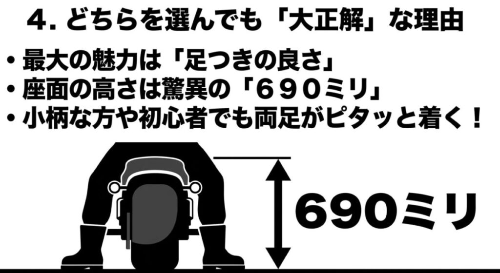 レブル250の座面高が690ミリであり、小柄な方や初心者でも両足がピタッと着く安心感を説明するスライド
