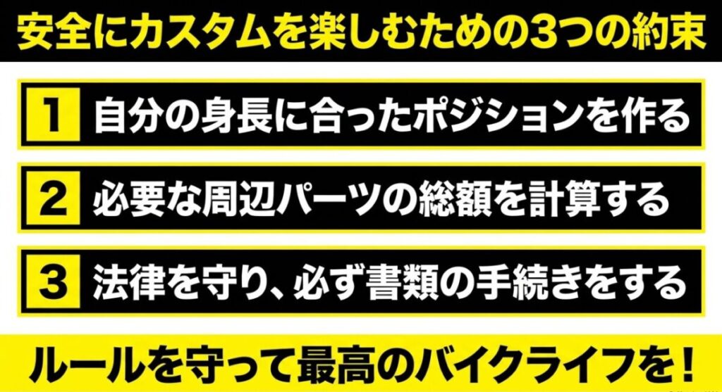 ポジション作り、パーツ総額の計算、法的手続きの遵守という、レブル250のセパハン化を安全に楽しむための3つのルールのまとめ