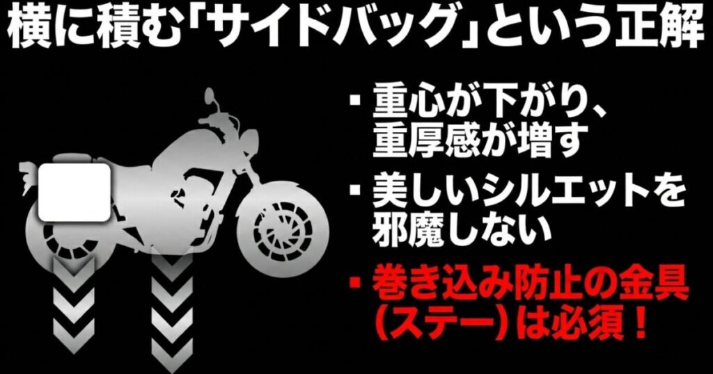 レブル250：横に積むサイドバッグのメリット。重心が下がりシルエットを邪魔しないことと、ステーが必須であることの解説。