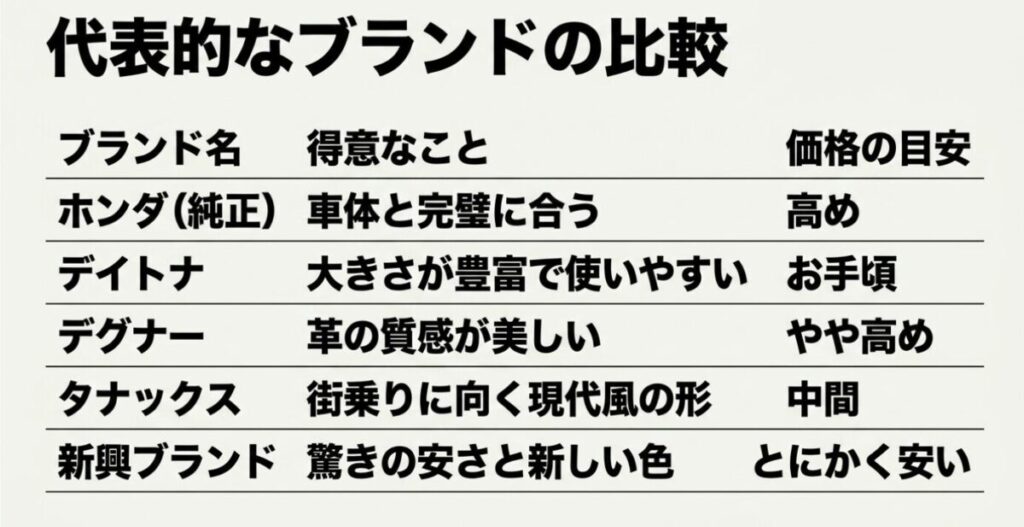 レブル250サイドバッグ：代表的なブランドの比較。ホンダ純正は車体と完璧に合い価格は高め。デイトナは大きさが豊富で使いやすくお手頃。デグナーは革の質感が美しくやや高め。タナックスは街乗りに向く現代風の形で中間。新興ブランドは驚きの安さと新しい色でとにかく安い。