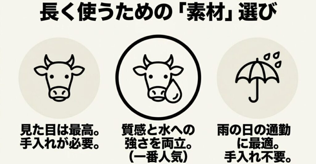 レブル250サイドバッグ：長く使うための素材選び。本革は見た目は最高だが手入れが必要。合皮・ナイロンは質感と水への強さを両立し一番人気。防水素材は雨の日の通勤に最適で手入れ不要。