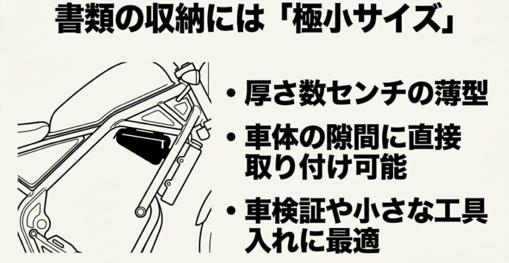 レブル250サイドバッグ：書類の収納には極小サイズ。厚さ数センチの薄型で、車体の隙間に直接取り付け可能。車検証や小さな工具入れに最適。