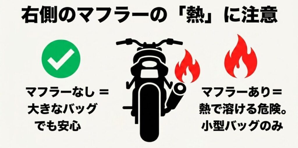 レブル250サイドバッグ：右側のマフラーの熱に注意。マフラーがない左側は大きなバッグでも安心。マフラーがある右側は熱で溶ける危険があるため小型バッグのみ推奨。