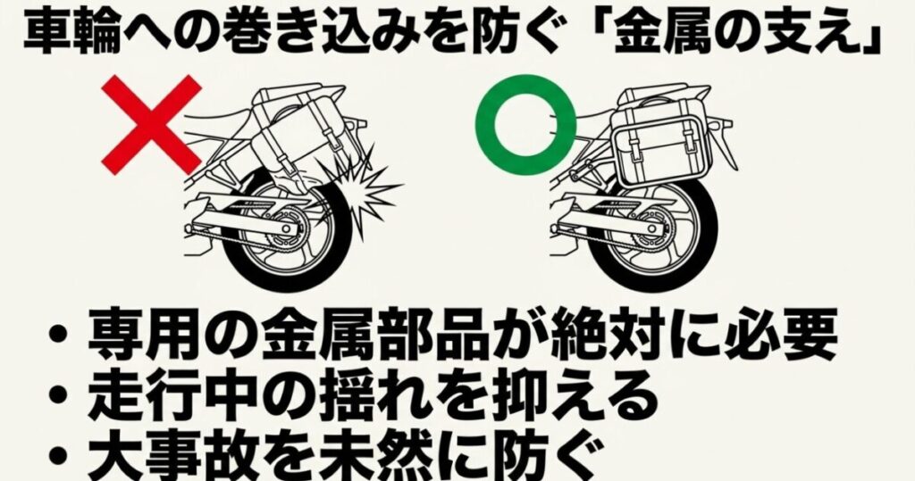 レブル250サイドバッグ：車輪への巻き込みを防ぐ金属の支え（サポートステー）。専用の金属部品が絶対に必要。走行中の揺れを抑え、大事故を未然に防ぐ。