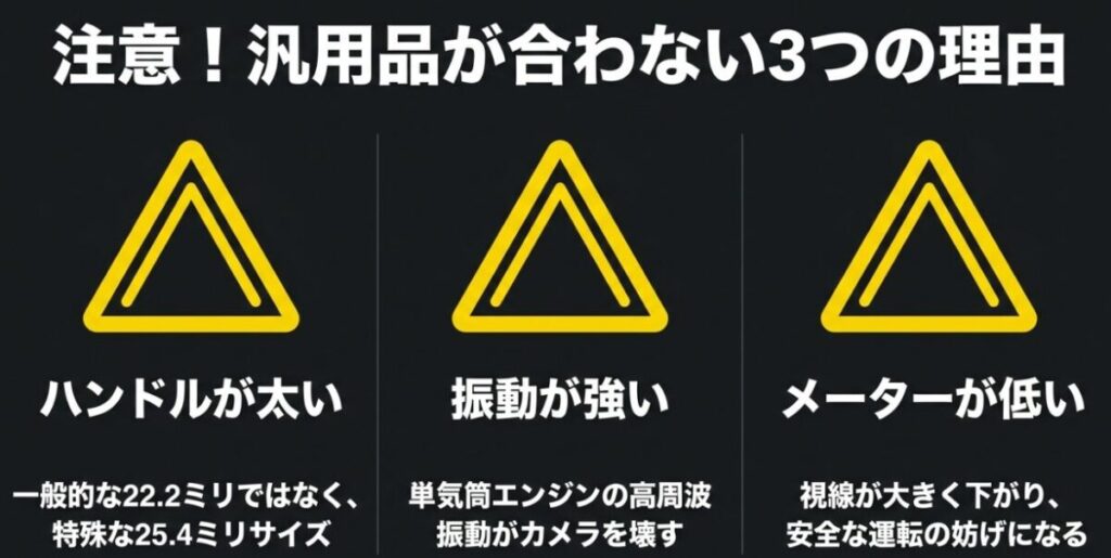 レブル250に汎用スマホホルダーが合わない3つの理由（ハンドルが25.4mmと太い、単気筒の振動が強くカメラを壊す、メーターが低く視線が下がる）を解説したスライド。