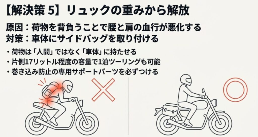 レブル250：リュックを背負うのをやめ、車体にサイドバッグを取り付けて腰や肩の負担をなくす図解