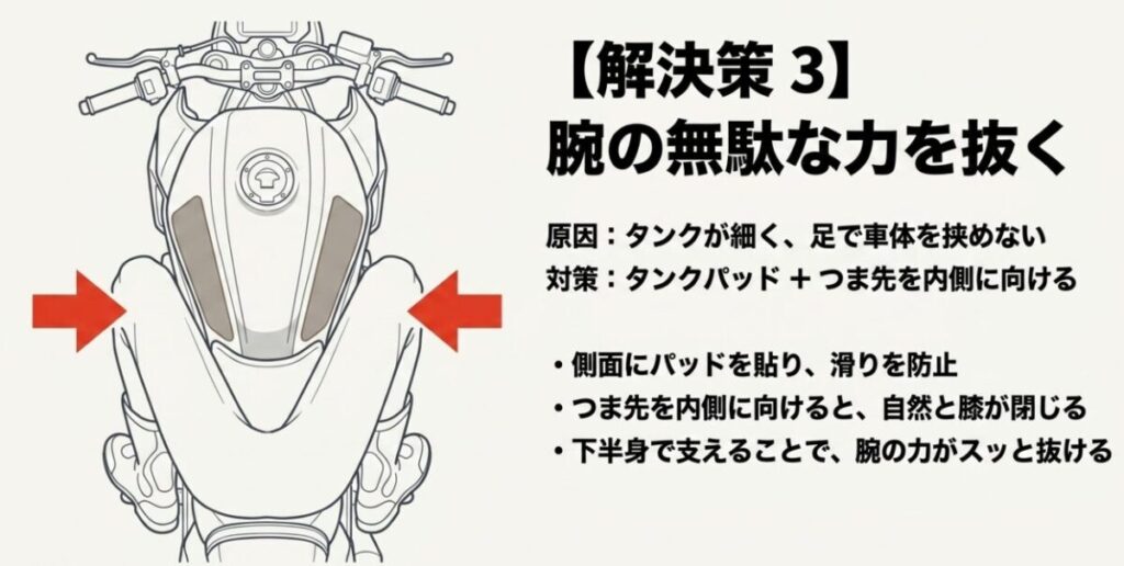 レブル250：タンク側面にパッドを貼り、つま先を内側に向けて車体を挟みやすくするニーグリップの図解