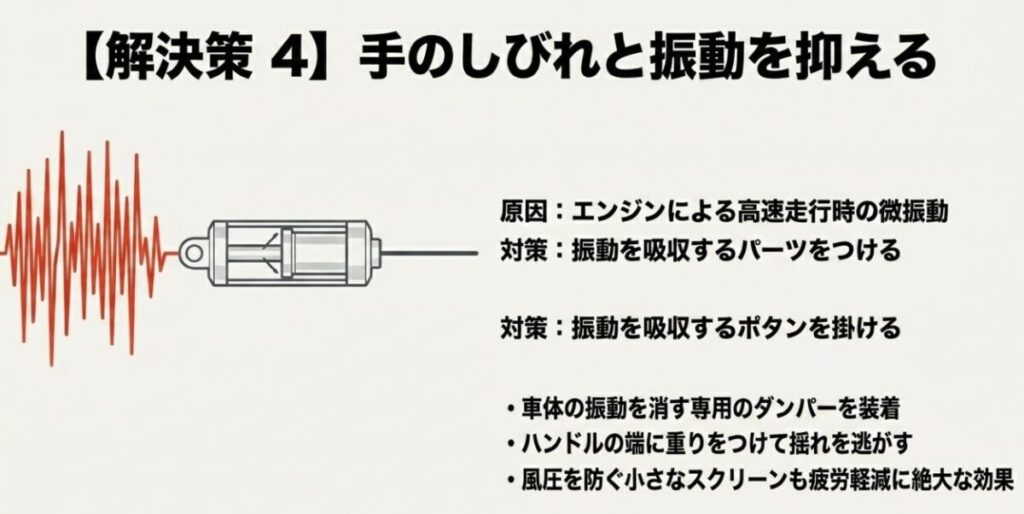 レブル250：高速走行時のエンジンの微振動を吸収するダンパーや重りを装着して手のしびれを防ぐ対策