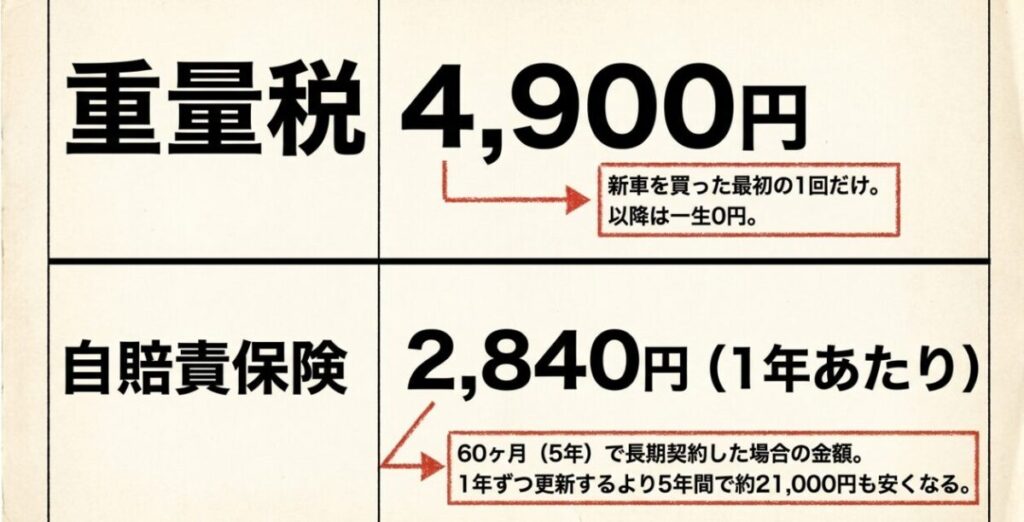 レブル250：重量税4,900円は新車を買った最初の1回だけで以降は一生0円。自賠責保険は60ヶ月で長期契約した場合、1年あたり2,840円となり5年間で約21,000円安くなる