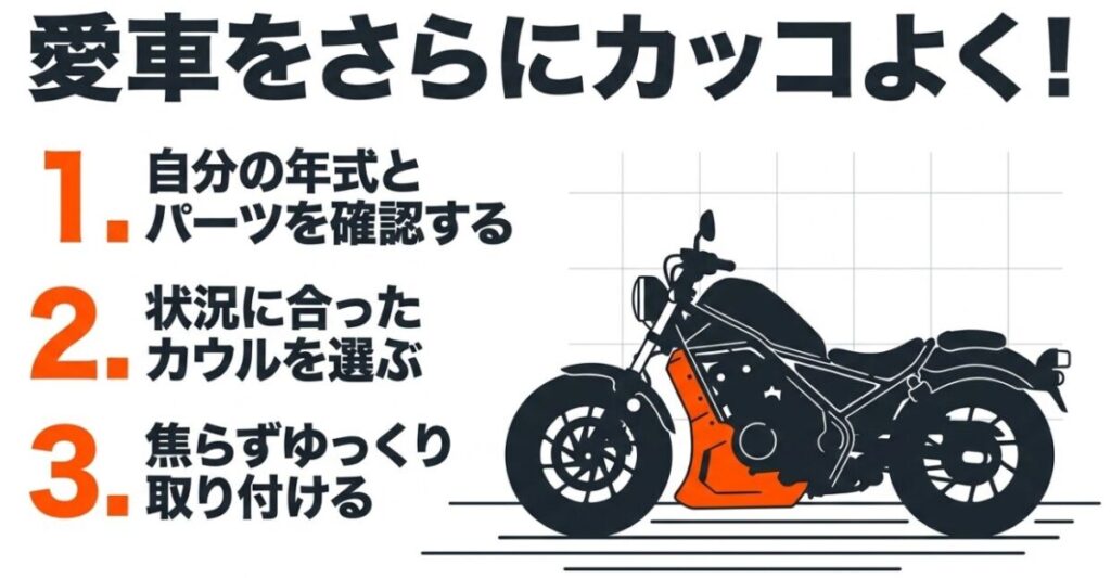 レブル250のアンダーカウル選びとカスタムのまとめスライド。1.自分の年式とパーツを確認する、2.状況に合ったカウルを選ぶ、3.焦らずゆっくり取り付ける、という3つのステップを表記。