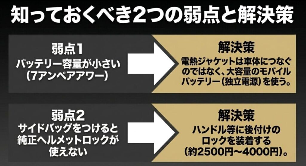 レブル250の知っておくべき2つの弱点と解決策。バッテリー容量の小ささとヘルメットロック干渉問題への対応。