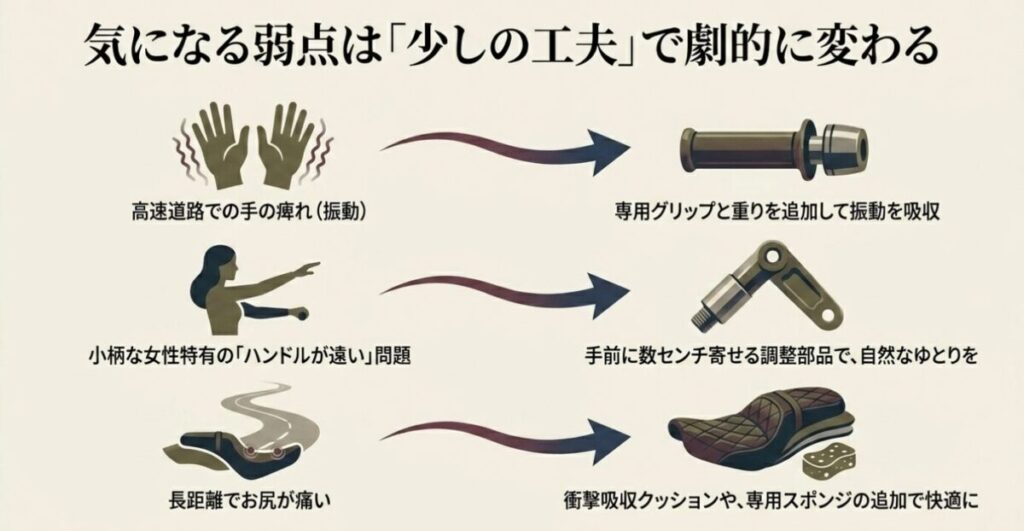 レブル250の弱点である手の痺れ、小柄な女性のハンドルが遠い問題、お尻の痛みに対する対策。グリップ交換、ハンドル調整部品、シートクッションの追加などのカスタムを提案している。