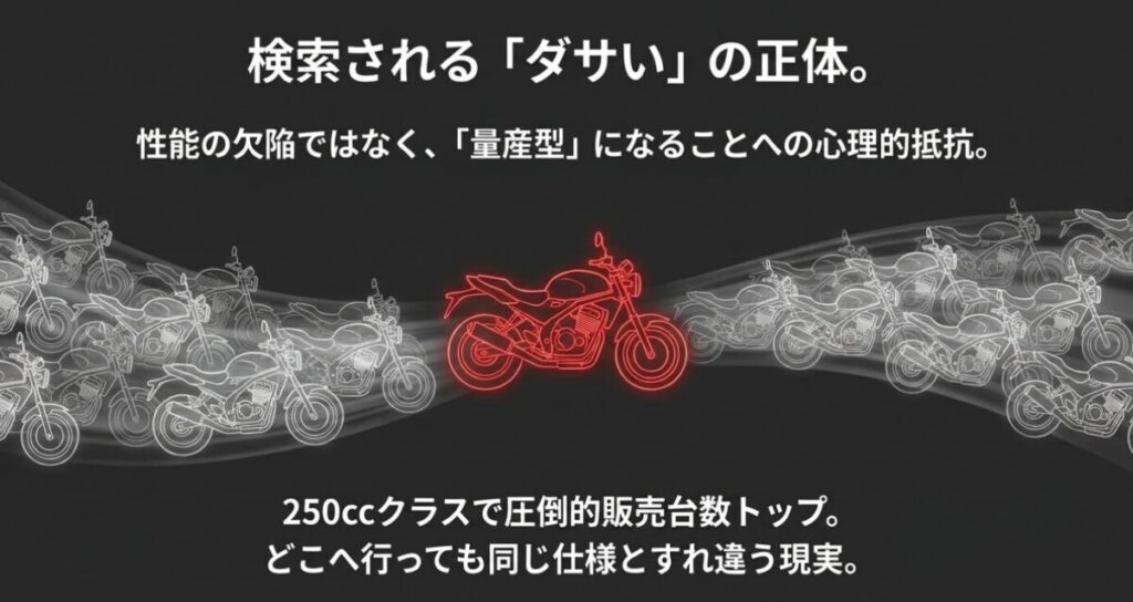 レブル250:「検索される「ダサい」の正体。性能の欠陥ではなく、「量産型」になることへの心理的抵抗。」と記載された、多数のバイクに囲まれた赤いバイクのイラスト