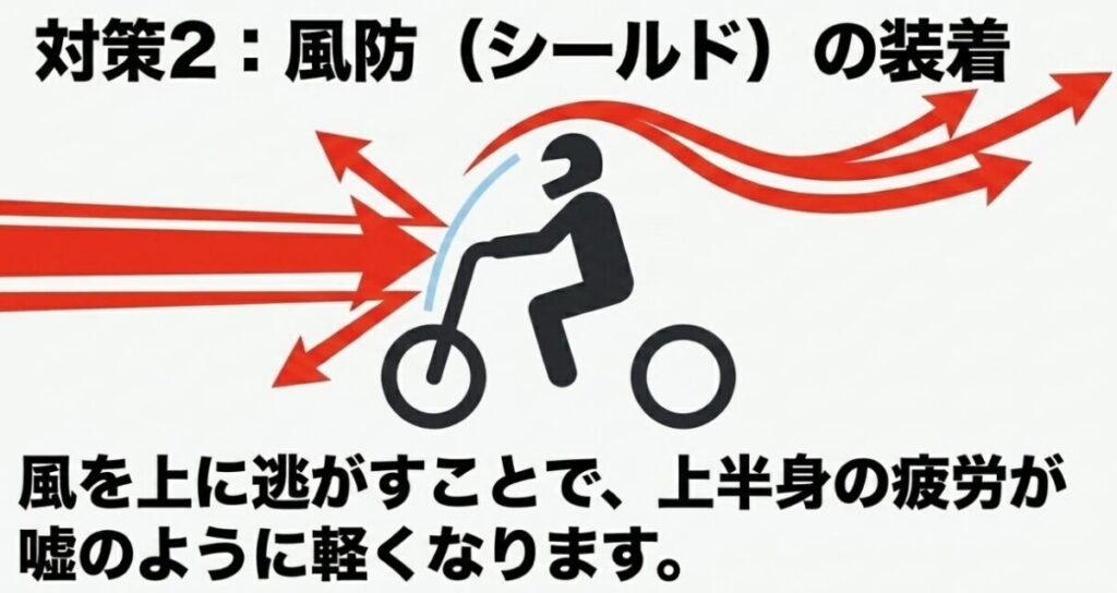 レブル250：ウインドシールド（風防）を装着し、風を上に逃がして上半身の疲労を軽減する対策の解説