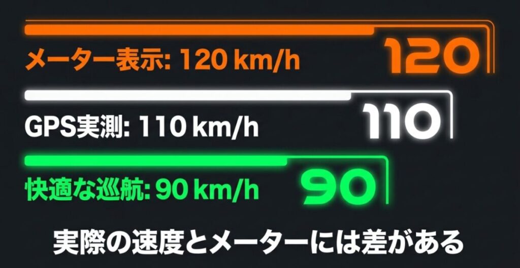 ADV160のメーター表示120km/h、GPS実測110km/h、快適な巡航速度90km/hの目安を比較