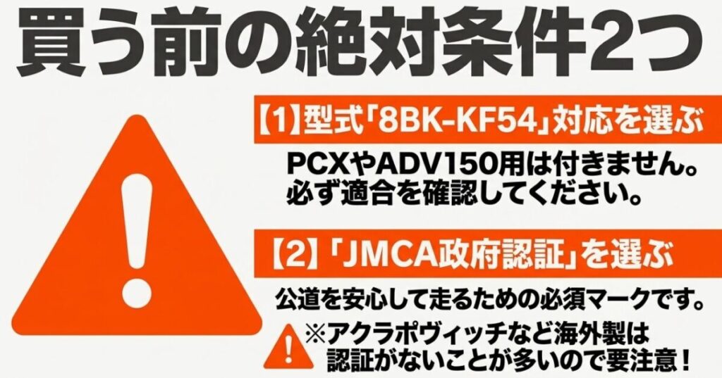 ADV160のマフラー購入前に8BK-KF54対応とJMCA政府認証を確認する必要性を説明した注意喚起スライド