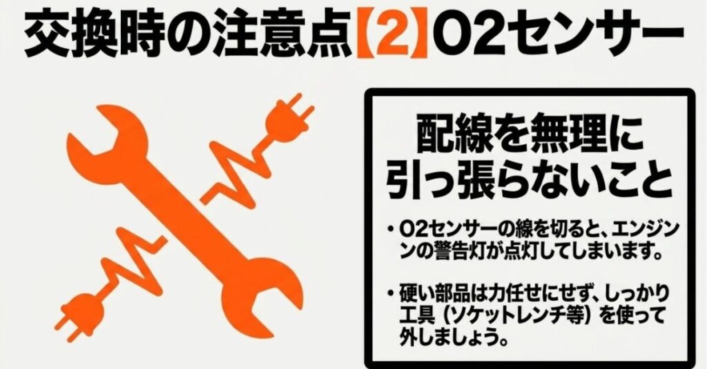 ADV160のマフラー交換でO2センサー配線を無理に引っ張らず工具を使って慎重に外す注意点を示したスライド