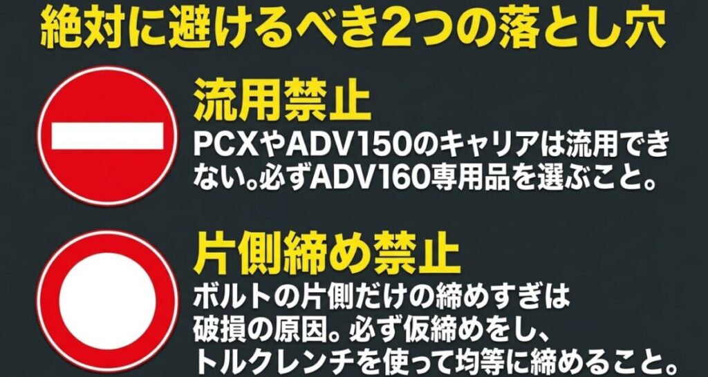 PCXやADV150用キャリアの安易な流用と取り付け時の片側締めを避けるよう注意する図