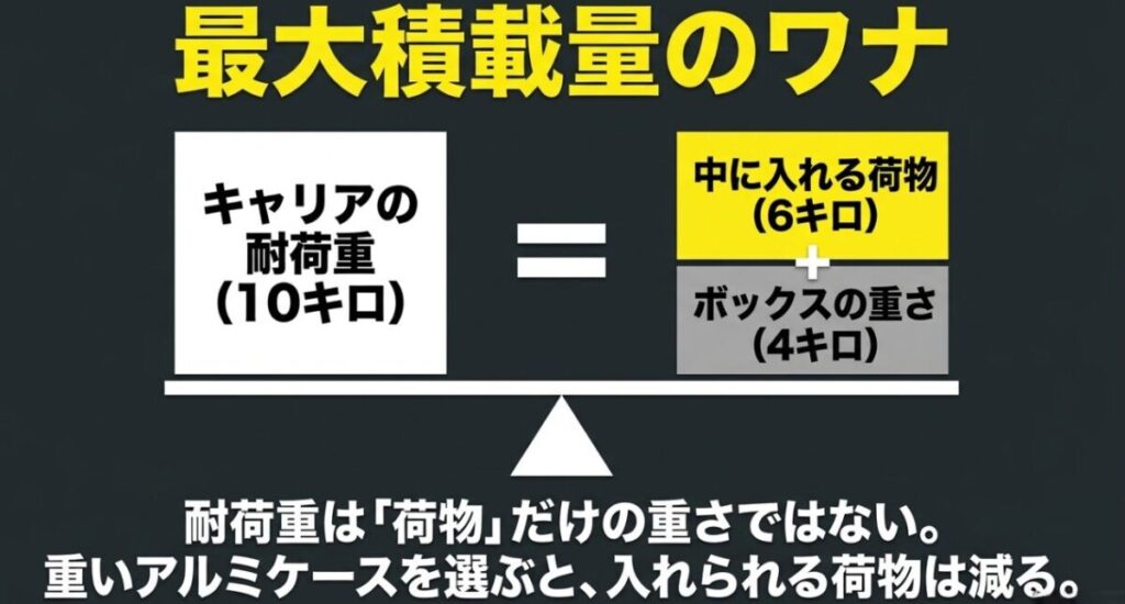 耐荷重10kgのリアキャリアではボックス重量4kgを差し引き荷物を約6kgに抑える例
