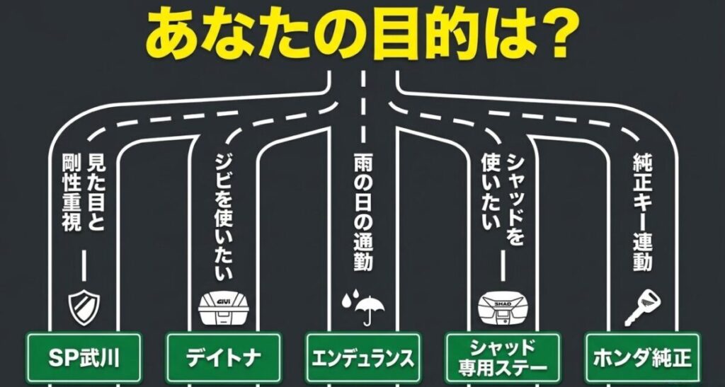 見た目と剛性、GIVI、雨天通勤、SHAD、純正キー連動からADV160用キャリアを選ぶチャート
