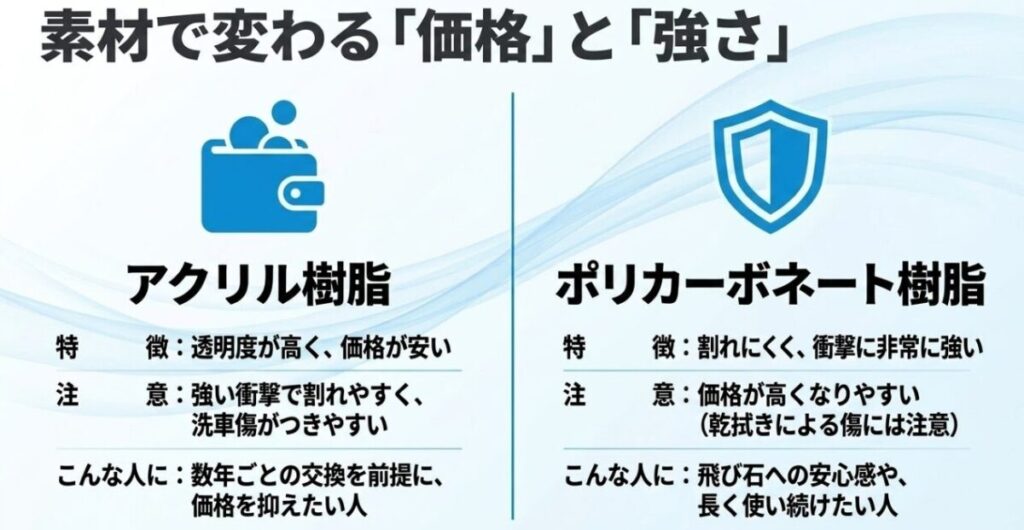 ADV160ロングスクリーンに使われるアクリル樹脂とポリカーボネート樹脂の価格や耐衝撃性の違い