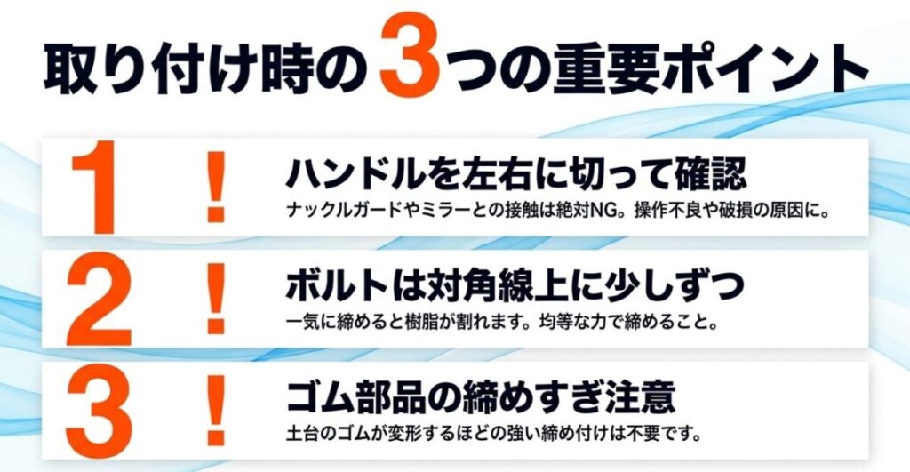 ADV160ロングスクリーン取り付け時のハンドル干渉確認・ボルト締め・ゴム部品の注意点