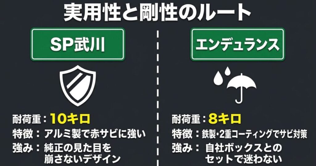 ADV160用SP武川リアキャリアとエンデュランス製キャリアの耐荷重や防錆性能を比較した図
