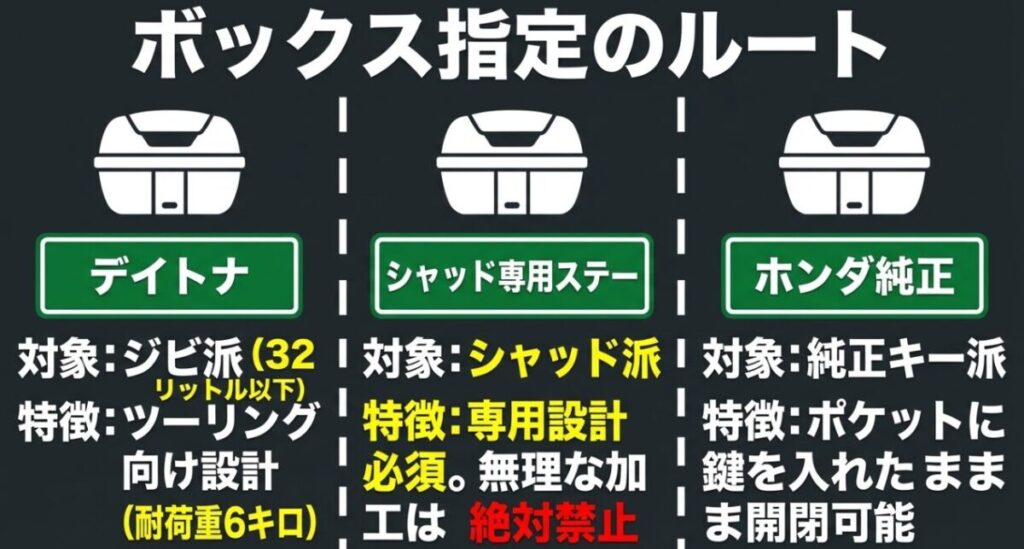 GIVIはデイトナ、SHADは専用ステー、スマートキー連動はホンダ純正を選ぶルート図