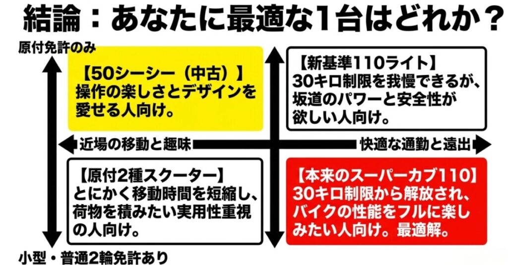 原付免許か二輪免許か、また移動時間短縮や趣味性などの目的に応じて「50cc中古」「原付2種スクーター」「新基準110ライト」「本来のスーパーカブ110」のどれを選ぶべきかを示す選択チャートスライド。