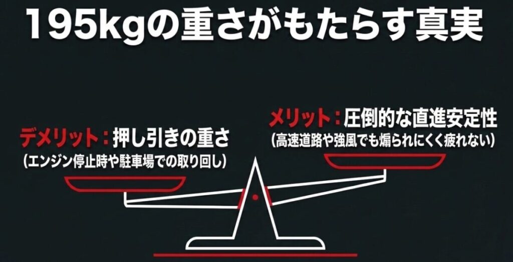 CBR400Rの195kgの車重による押し引きの重さと高速走行時の安定性を比較した図