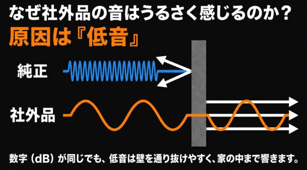 純正と社外マフラーの音波を比較し、社外マフラーの低音が壁を越えて住宅内に響く仕組みを示した図